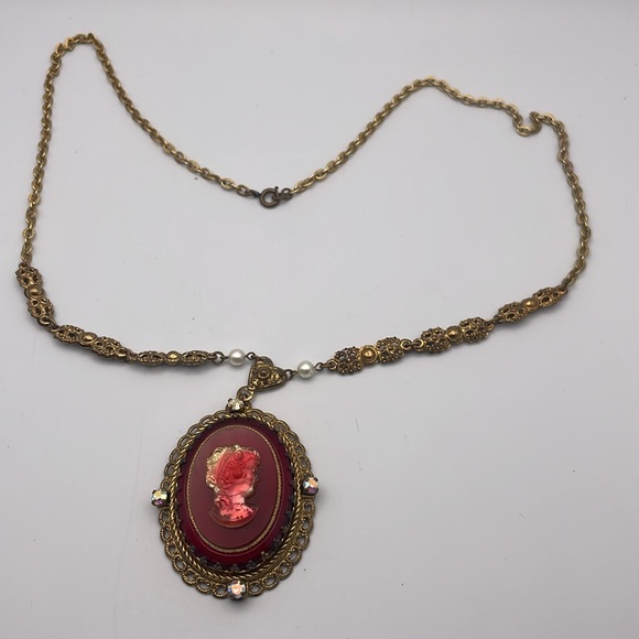 Western Germany glass cameo filigree necklace A17 🔥 - Picture 3 of 7